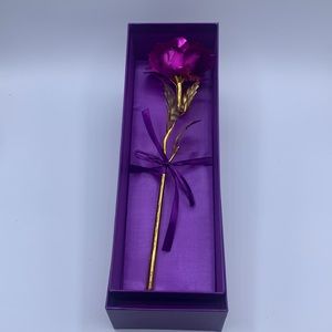 10” Golden Rose Purple Plastic Foil Gold Stem & Leaves